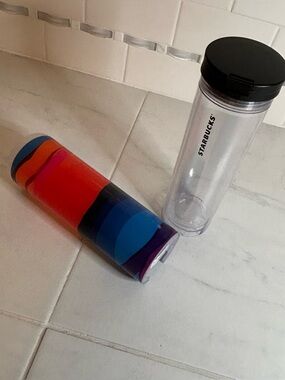 Starbucks Clear Tumbler with Colorful Abstract Sleeve - with Lid